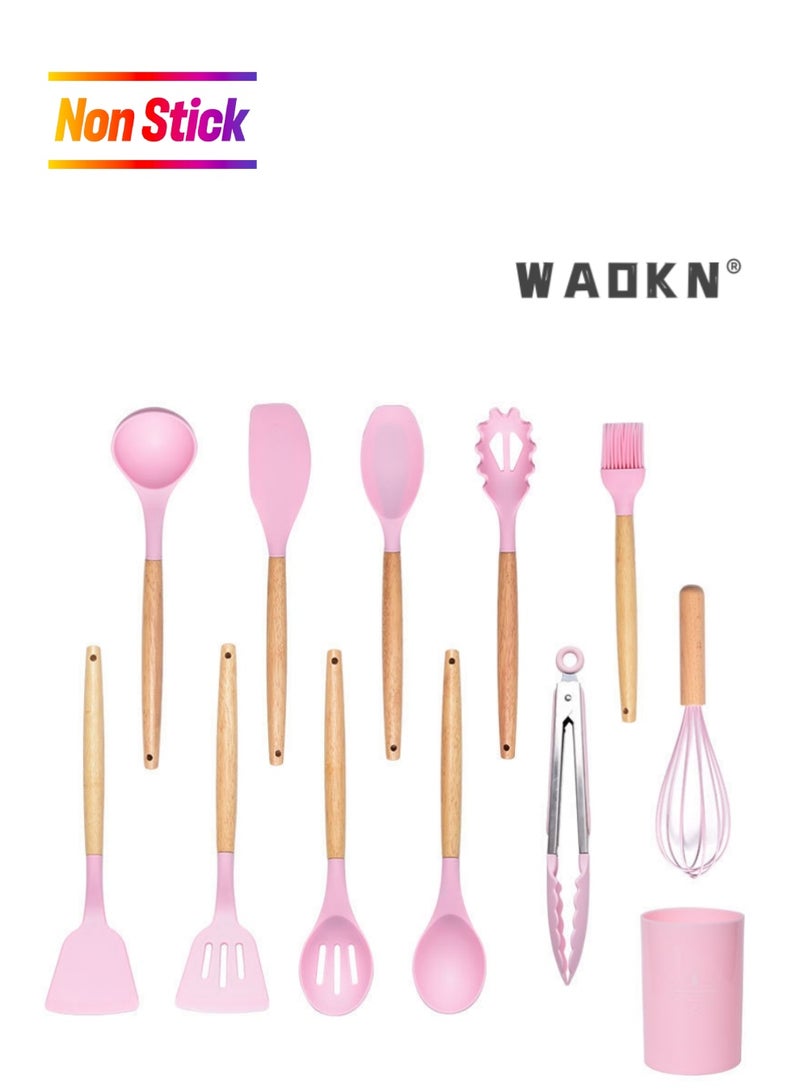 دبليو أيه أو كي أن سيليكون أدوات المطبخ مجموعة ، مقاومة للحرارة مقبض خشبي أدوات الطبخ ، لا تحتوي على ثنائي الفينول أ ، 12 حزمة غير سامة سيليكون ملقط الدوارة ملعقة ملعقة مطبخ مجموعة أداة ، غير عصا تجهيزات المطابخ الوردي - Image 1
