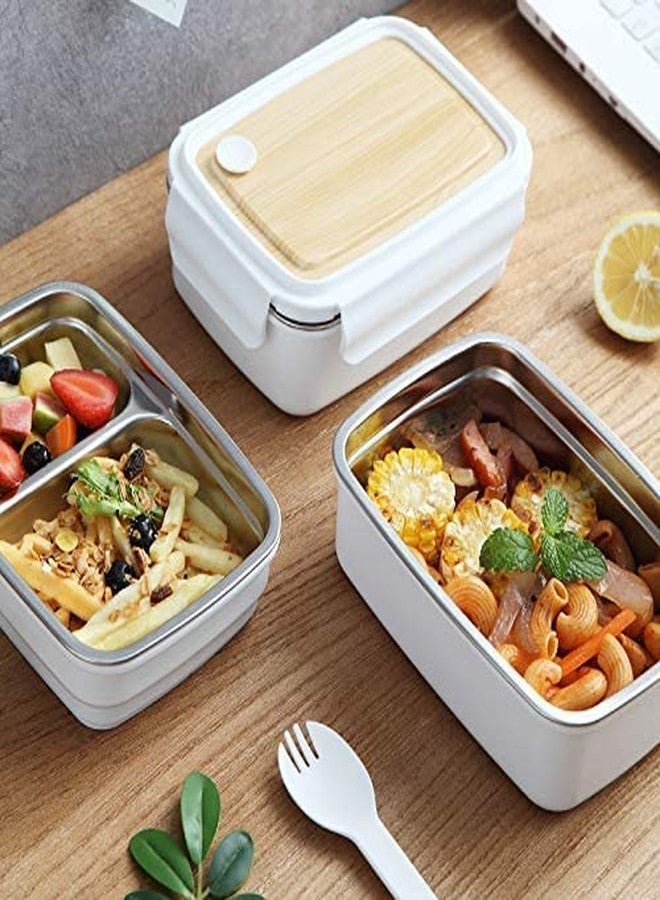 ACHAL Wood Double Decker Finish Lunch Box Thermal Stainless Steel Insulation Box,Portable Tiffin Box for Kid Adult Student,Keep Food -1400 ML - White (Pack of 1) - Image 2