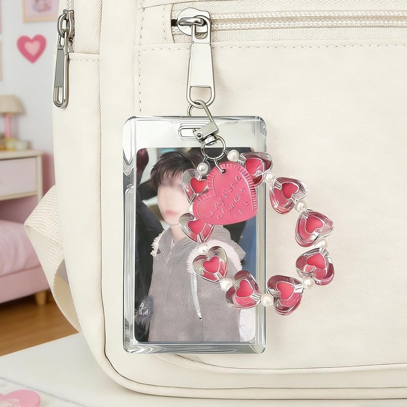 SAMIQU Photocard Holder Keychain–Kpop Photo Card Holder with Heart Charm for Fans, Students & Women,Clear Photocard Sleeves Badge Holders for Bus/Metro/ID Cards(Set of 2) - Image 2