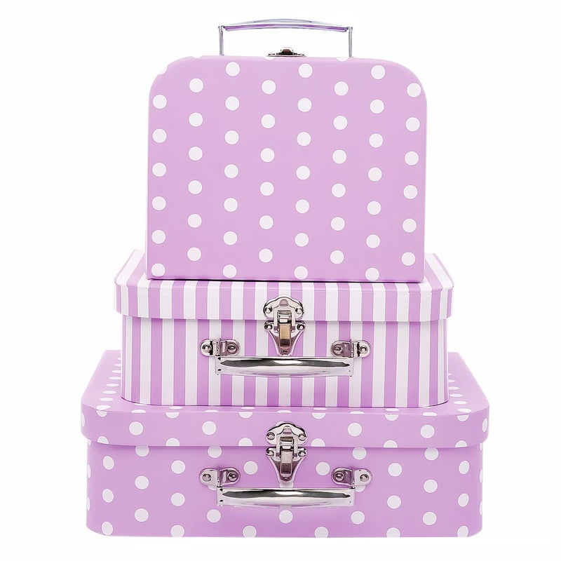 Amedoo Paperboard Suitcases Set of 3 Cute Storage Box Nesting Gift Boxes with Lids for Christmas New Year Wedding Birthday Party Home Decor Mini Suitcase Favor Box Purple Dots and Strips