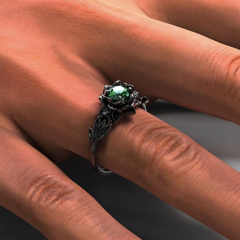 BlingNook Cubic Zirconia Rings For Women, Gothic Ring Black Flower Crystal Stackable Trendy Floral Eternity Travel Engagement Statement Wedding Birthday Jewelry Gift (Goth Black Green, 8) - Image 3