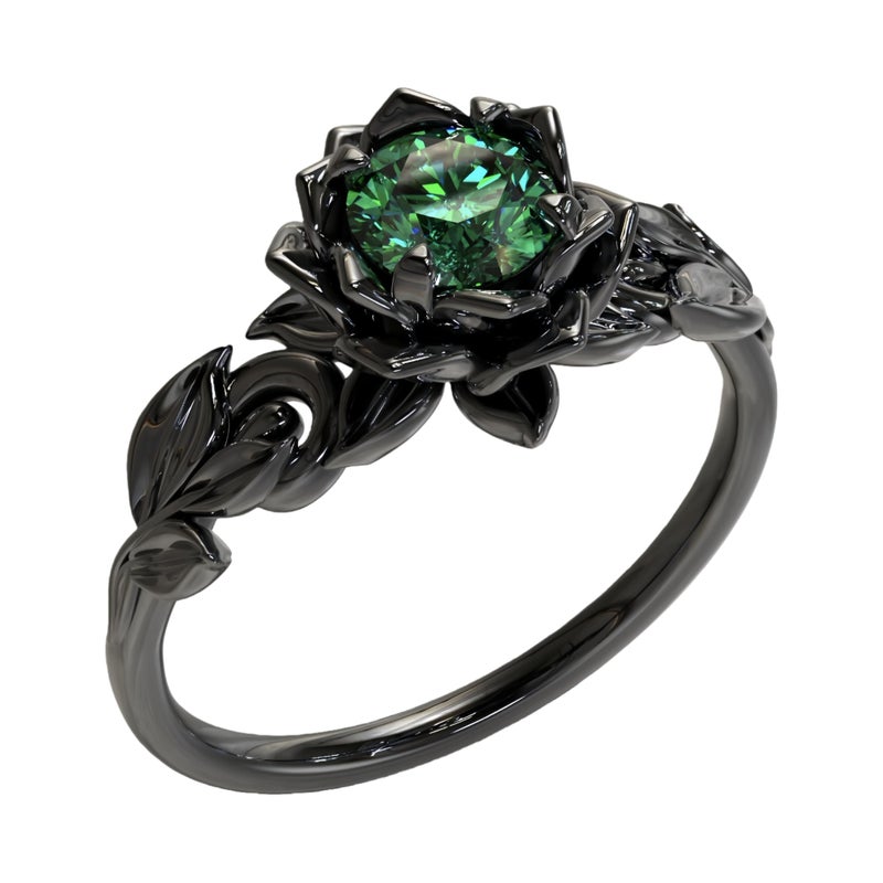 BlingNook Cubic Zirconia Rings For Women, Gothic Ring Black Flower Crystal Stackable Trendy Floral Eternity Travel Engagement Statement Wedding Birthday Jewelry Gift (Goth Black Green, 8) - Image 1