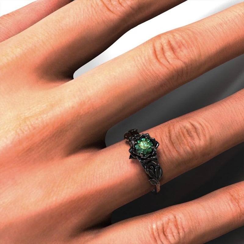 BlingNook Cubic Zirconia Rings For Women, Gothic Ring Black Flower Crystal Stackable Trendy Floral Eternity Travel Engagement Statement Wedding Birthday Jewelry Gift (Goth Black Green, 8) - Image 2