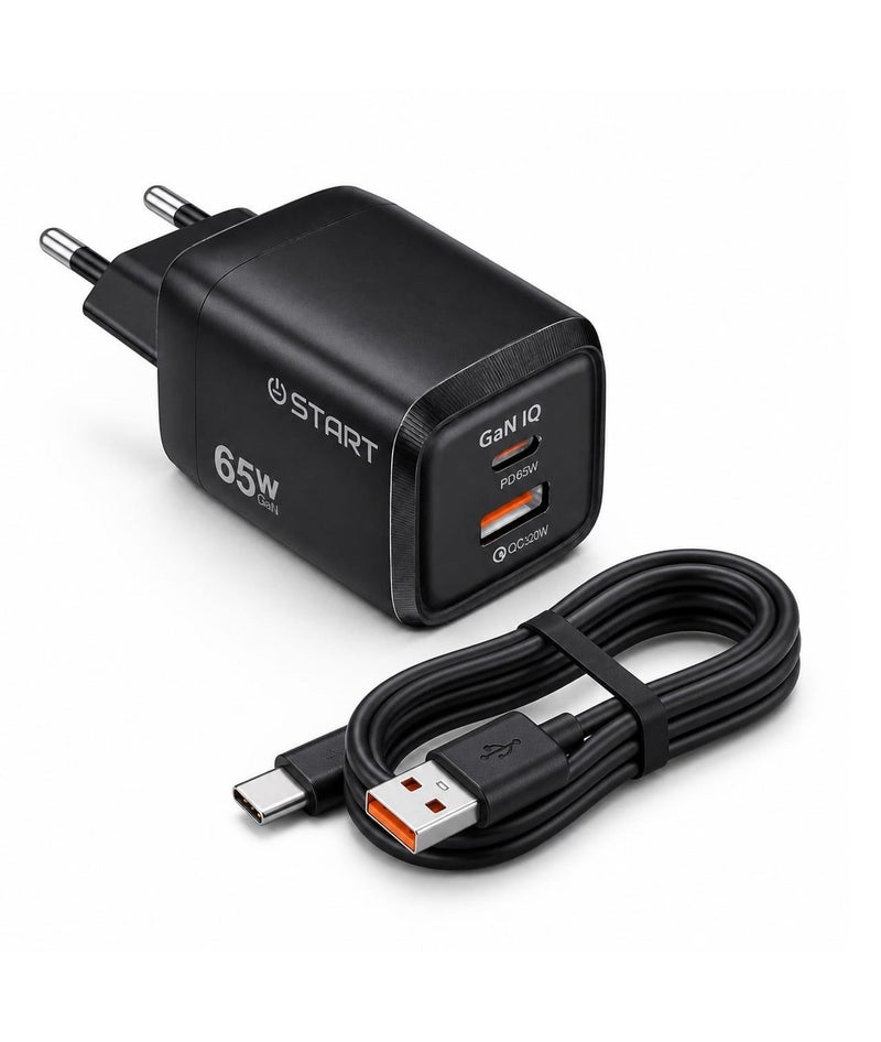 ST-320 GaN IQ Super Fast Wall Charger 65W Dual Port USB-A & Type-C with QC + PD + Type-C Cable Fast Charging for iOS & Android Safe Charging