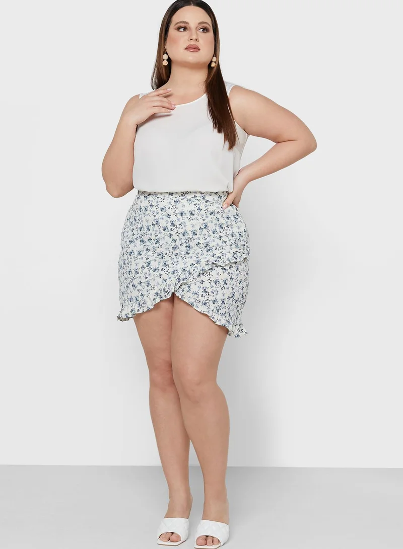 I Saw It First Curve Blue Plus Size Ruffle Detail Printed Mini Skirt