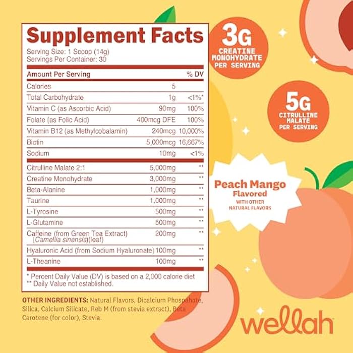 Wellah Pre-Workout + Creatine Powder (30 Servings) Peach Mango - 200mg Caffeine, 3g Creatine Monohydrate, 5g Citrulline Malate, Pre-Workout with Creatine Supplement - Image 2
