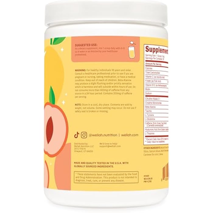 Wellah Pre-Workout + Creatine Powder (30 Servings) Peach Mango - 200mg Caffeine, 3g Creatine Monohydrate, 5g Citrulline Malate, Pre-Workout with Creatine Supplement - Image 3