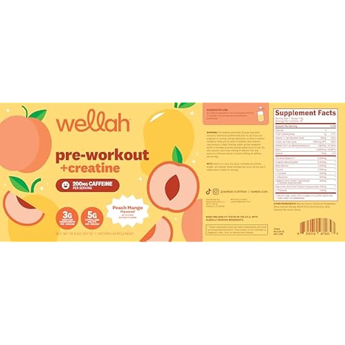 Wellah Pre-Workout + Creatine Powder (30 Servings) Peach Mango - 200mg Caffeine, 3g Creatine Monohydrate, 5g Citrulline Malate, Pre-Workout with Creatine Supplement - Image 5