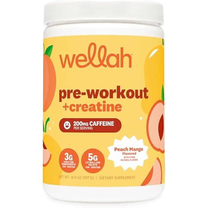 Wellah Pre-Workout + Creatine Powder (30 Servings) Peach Mango - 200mg Caffeine, 3g Creatine Monohydrate, 5g Citrulline Malate, Pre-Workout with Creatine Supplement - Image 1
