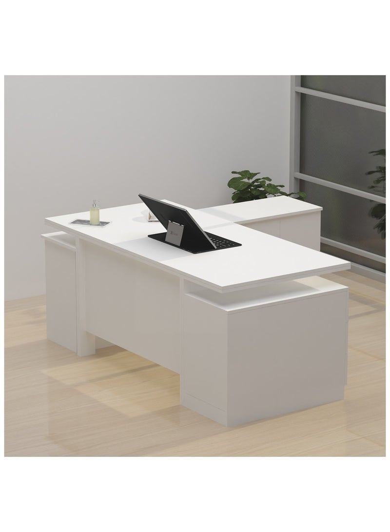 ماهاماي مكتب عمل تنفيذي حديث من مجموعة ماهماي سامتيدا 193 مع خزانة ومكتب كمبيوتر محمول بلمسة نهائية خشبية، مثالي للمنزل والمكتب - أبيض - Image 1