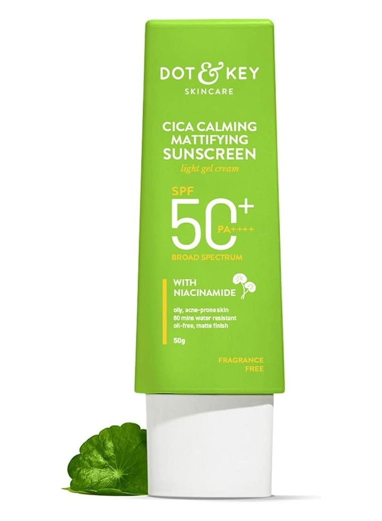 Dot & Key CICA Calming Mattifying Sunscreen SPF 50 PA++++ | For Oily Acne Prone & Sensitive Skin | UVA/UVB Protection | No White Cast, Ultra Light, Fragrance Free & Quick Absorbing - Image 1