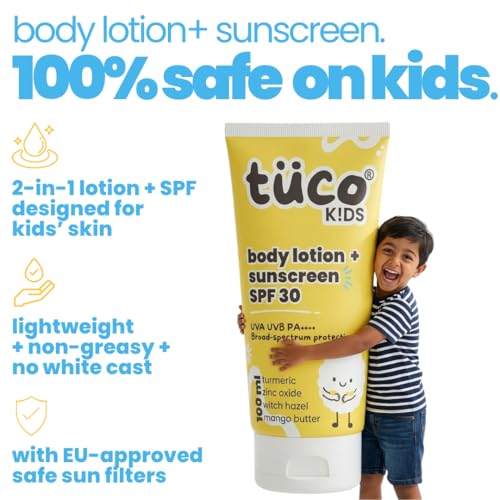 TuCo لوشن واقي من الشمس للأطفال Tuco® | للجسم والوجه | SPF 30 | من 3 إلى 15 سنة | كركم، عرقسوس، زبدة مانجو | UVA/UVB PA++++ | طيف واسع ومقاوم للماء | خالي من بنزوفينون-3 وأفوبنزون | 100 مل - Image 2