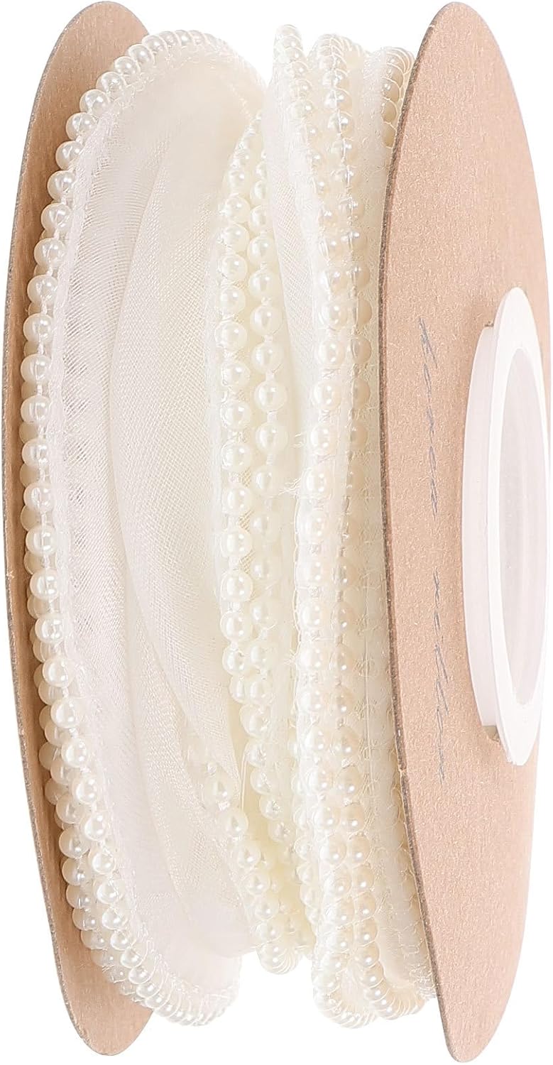 Healifty Pearl Fish Tail Organza Ribbon with Small Pearls, 5 Yards White Wedding Craft Ribbon for Bouquet Wrapping and Floral Decoration Accessories - Image 1