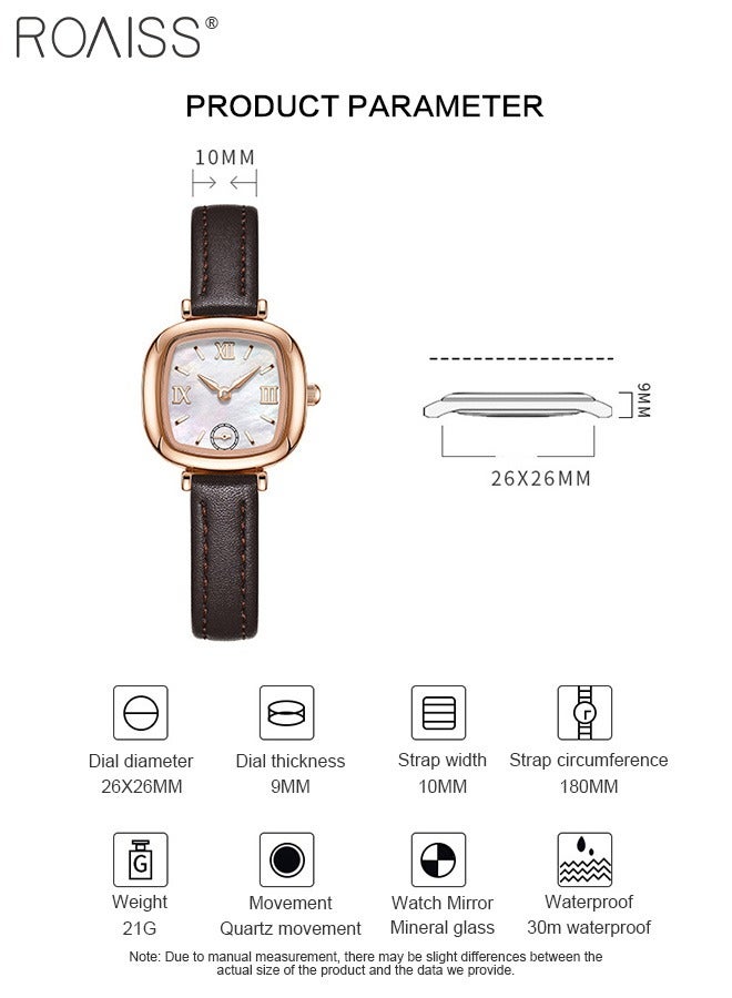 roaiss Leather Strap Quartz Watch for Women, Analog Display Square Fritillary Texture Dial, Simple Exquisite Fashionable Waterproof Wristwatch as Gift for Ladies - Image 4