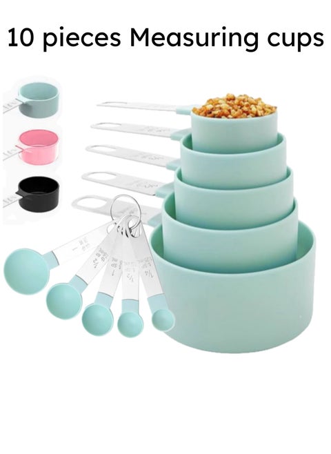 FatFlags- 10 Pieces Measuring Cups and Spoons Set, Stackable Stainless-Steel Handle with engraved volumes and Ring Connector. Perfect for both dry and liquid ingredients.
