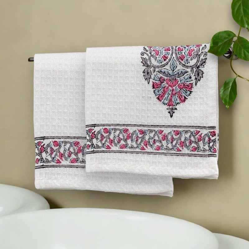 Peepul Tree Block Printed Hand and Bath Towels, Super Absorbent, Soft & Faster Drying, Floral Printed 100% Pure Cotton, 240 GSM (2 Hand Towel Set, Pink) - Image 2