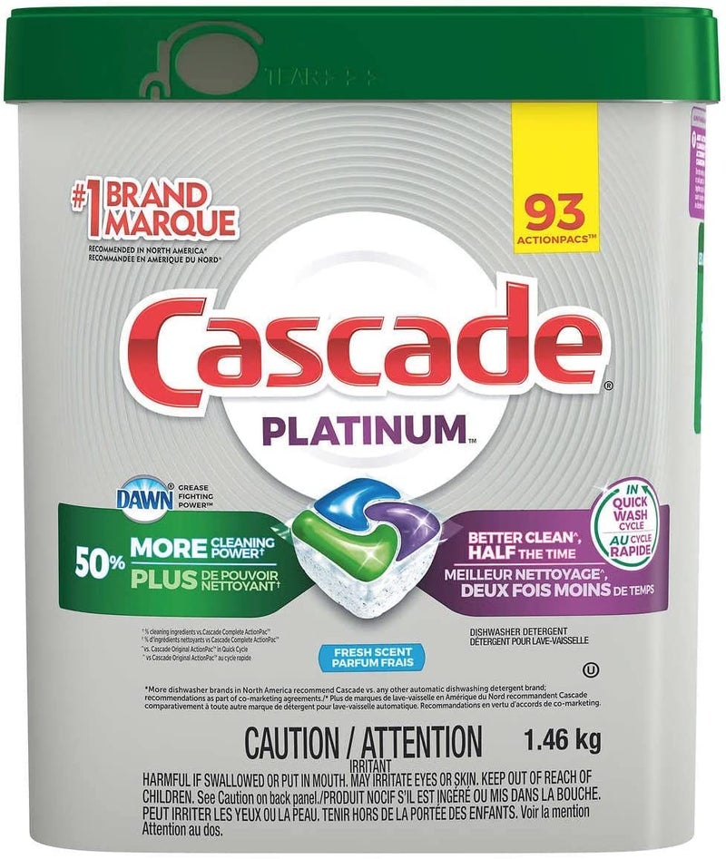 Cascade Platinum ActionPacs Dishwasher Detergent with Dawn, Fresh Scent - 92 Count with 10pct bonus 102 packs - Image 1