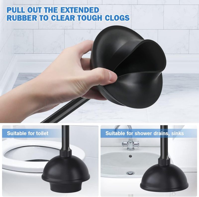 2-In-1 Toilet Plunger Brush Combo: Black Silicone Brush 5.7-Inch Plunger Cup 19.5-Inch Handle - Ventilated Drip Tray Caddy, Ergonomic Grip for Bathroom Cleaning, Home Drain Unclogging - Image 3
