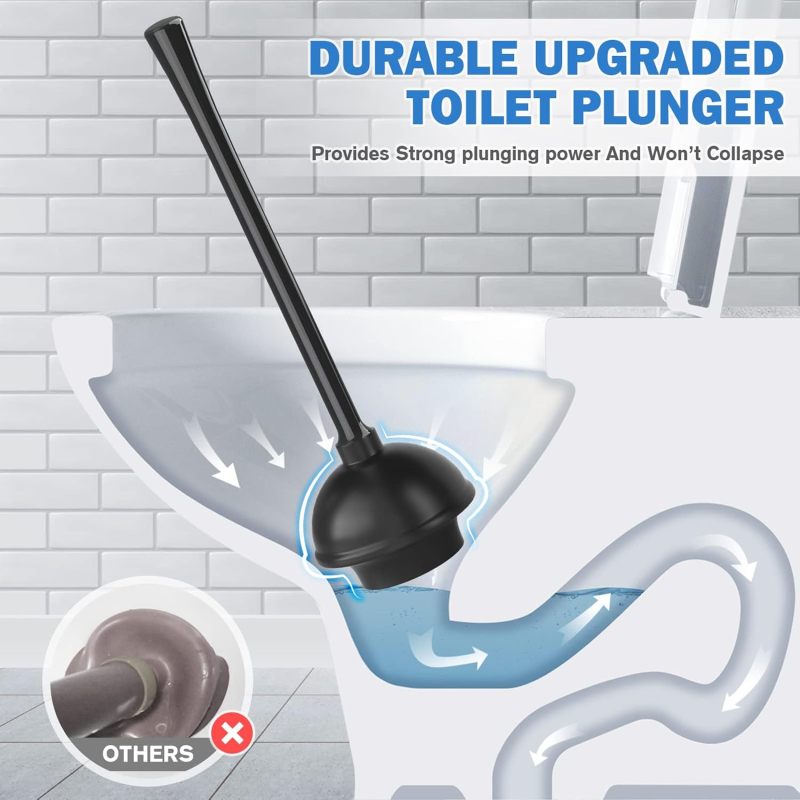 2-In-1 Toilet Plunger Brush Combo: Black Silicone Brush 5.7-Inch Plunger Cup 19.5-Inch Handle - Ventilated Drip Tray Caddy, Ergonomic Grip for Bathroom Cleaning, Home Drain Unclogging - Image 2