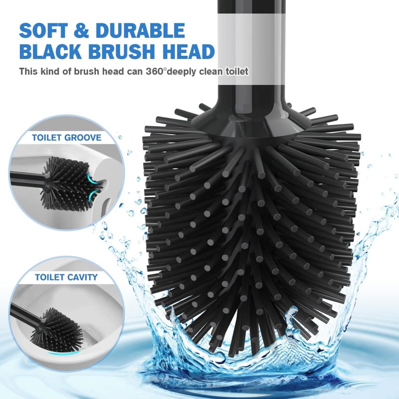 2-In-1 Toilet Plunger Brush Combo: Black Silicone Brush 5.7-Inch Plunger Cup 19.5-Inch Handle - Ventilated Drip Tray Caddy, Ergonomic Grip for Bathroom Cleaning, Home Drain Unclogging - Image 4