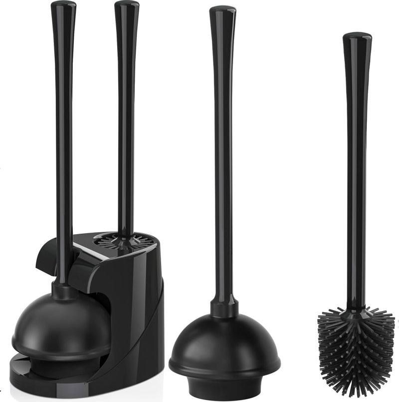 2-In-1 Toilet Plunger Brush Combo: Black Silicone Brush 5.7-Inch Plunger Cup 19.5-Inch Handle - Ventilated Drip Tray Caddy, Ergonomic Grip for Bathroom Cleaning, Home Drain Unclogging - Image 1