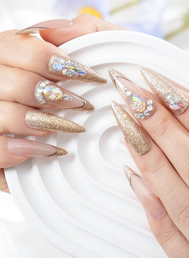 24 قطعة من رقع فن الأظافر بالضغط، مع أدوات فن الأظافر، ونماذج ماسية ذهبية، وأظافر مدببة، ومزاج نبيل فاخر، ورُقع مريحة، وصحة وسلامة - Image 1