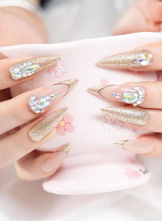 24 قطعة من رقع فن الأظافر بالضغط، مع أدوات فن الأظافر، ونماذج ماسية ذهبية، وأظافر مدببة، ومزاج نبيل فاخر، ورُقع مريحة، وصحة وسلامة - Image 5