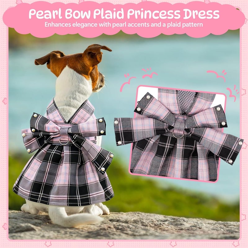 Coppthinktu Plaid Dog Dresses for Small Dogs Girl Bowknot Harness Leash Set, Cute Small Dog Dress Harness Dogs Cat Clothes Female with Pearl Bow Hair Clip, Summer Puppy Dress Birthday Yorkies Chihuahua Outfits - Image 5