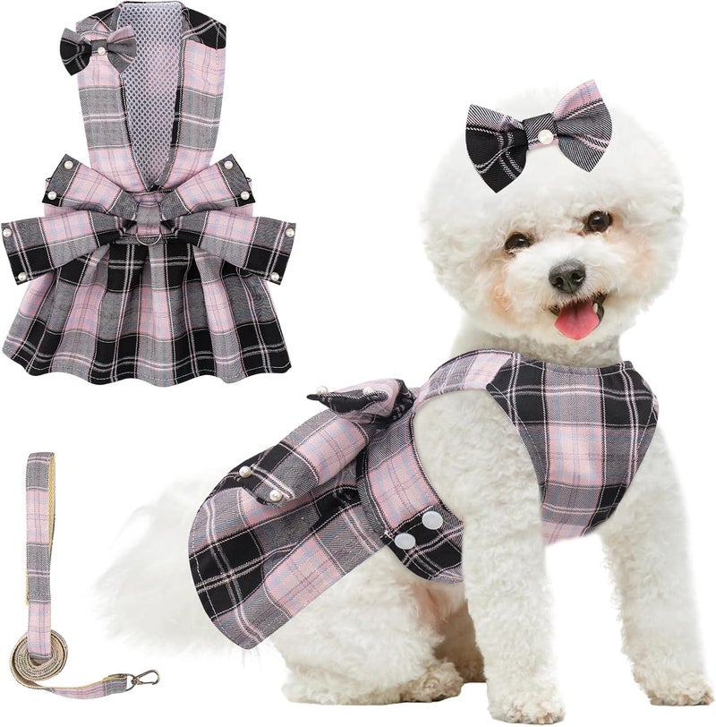 Coppthinktu Plaid Dog Dresses for Small Dogs Girl Bowknot Harness Leash Set, Cute Small Dog Dress Harness Dogs Cat Clothes Female with Pearl Bow Hair Clip, Summer Puppy Dress Birthday Yorkies Chihuahua Outfits - Image 1