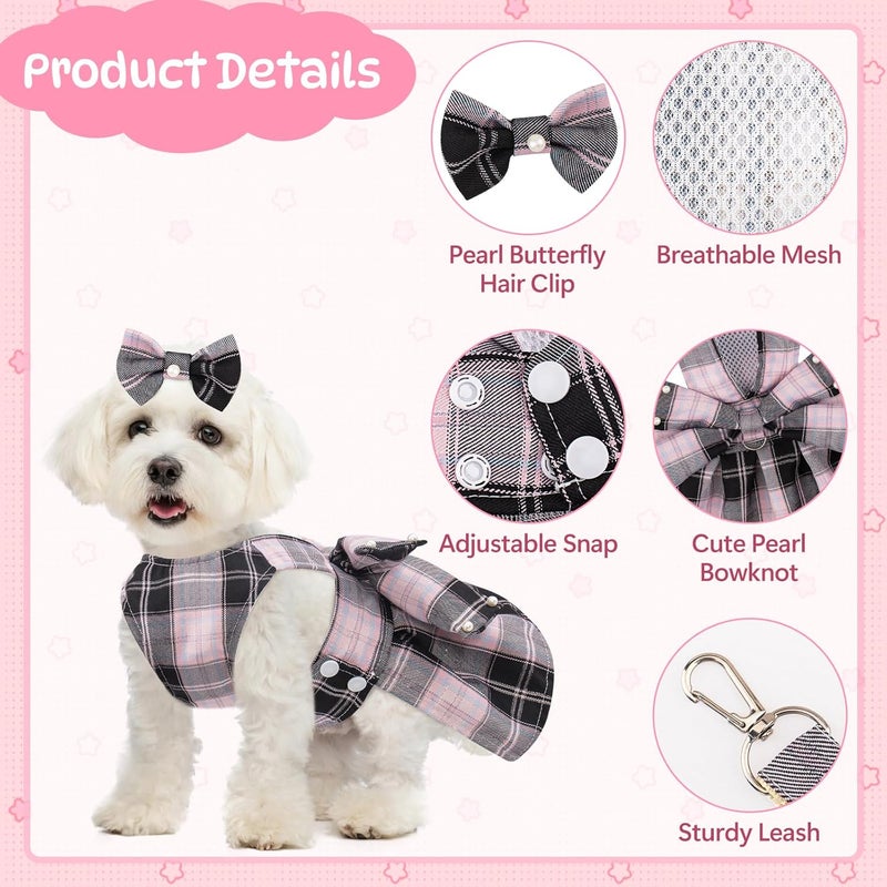 Coppthinktu Plaid Dog Dresses for Small Dogs Girl Bowknot Harness Leash Set, Cute Small Dog Dress Harness Dogs Cat Clothes Female with Pearl Bow Hair Clip, Summer Puppy Dress Birthday Yorkies Chihuahua Outfits - Image 4