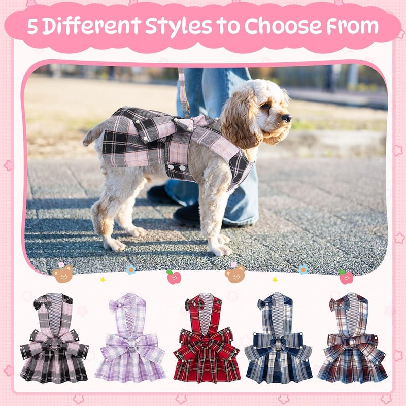 Coppthinktu Plaid Dog Dresses for Small Dogs Girl Bowknot Harness Leash Set, Cute Small Dog Dress Harness Dogs Cat Clothes Female with Pearl Bow Hair Clip, Summer Puppy Dress Birthday Yorkies Chihuahua Outfits - Image 2