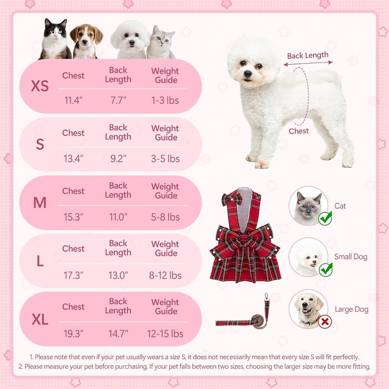 Coppthinktu Plaid Dog Dresses for Small Dogs Girl Bowknot Harness Leash Set, Cute Small Dog Dress Harness Dogs Cat Clothes Female with Pearl Bow Hair Clip, Summer Puppy Dress Birthday Yorkies Chihuahua Outfits - Image 3