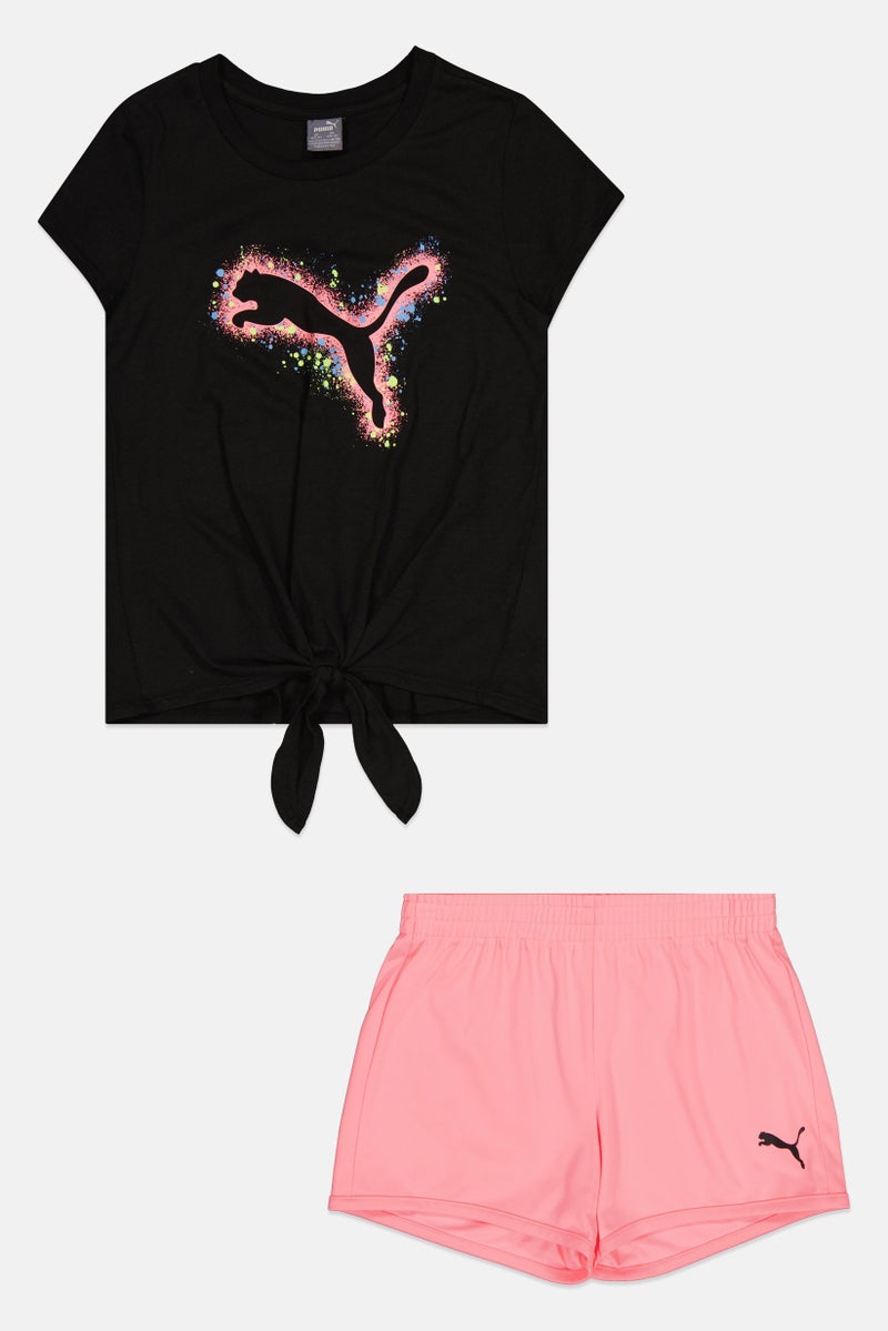 PUMA طقم ملابس رياضية للبنات مكون من 2 قطعة، تي شيرت وشورتات تريكو، متعدد الألوان - Image 1