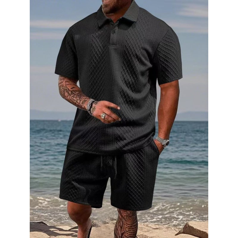 Cross-Border New Style Men's Jacquard Short-Sleeved T-Shirt Sports Suit Summer Lapel Polo Shirt Quick-Drying Two-Piece  Set - Image 2