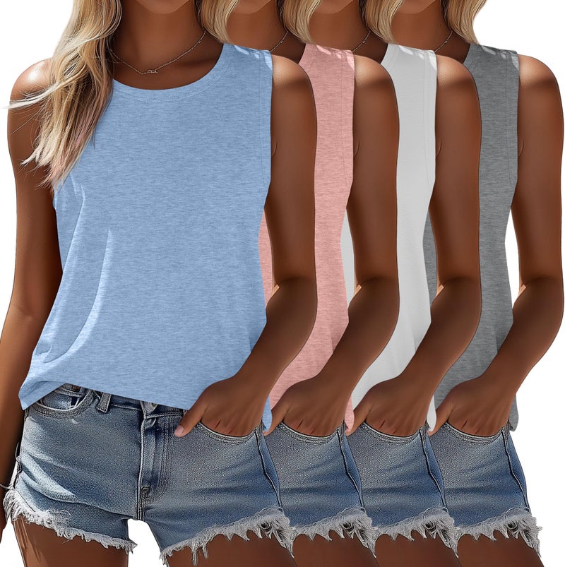 Ficerd 4 Pack Women's Sleeveless Tops, Casual Summer Loose Fit T Shirts Solid Color Tunic Tank Tops Ladies' Crew Neck(Small,Light Heather Gray, White, Coral Pink, Light Blue) - Image 1