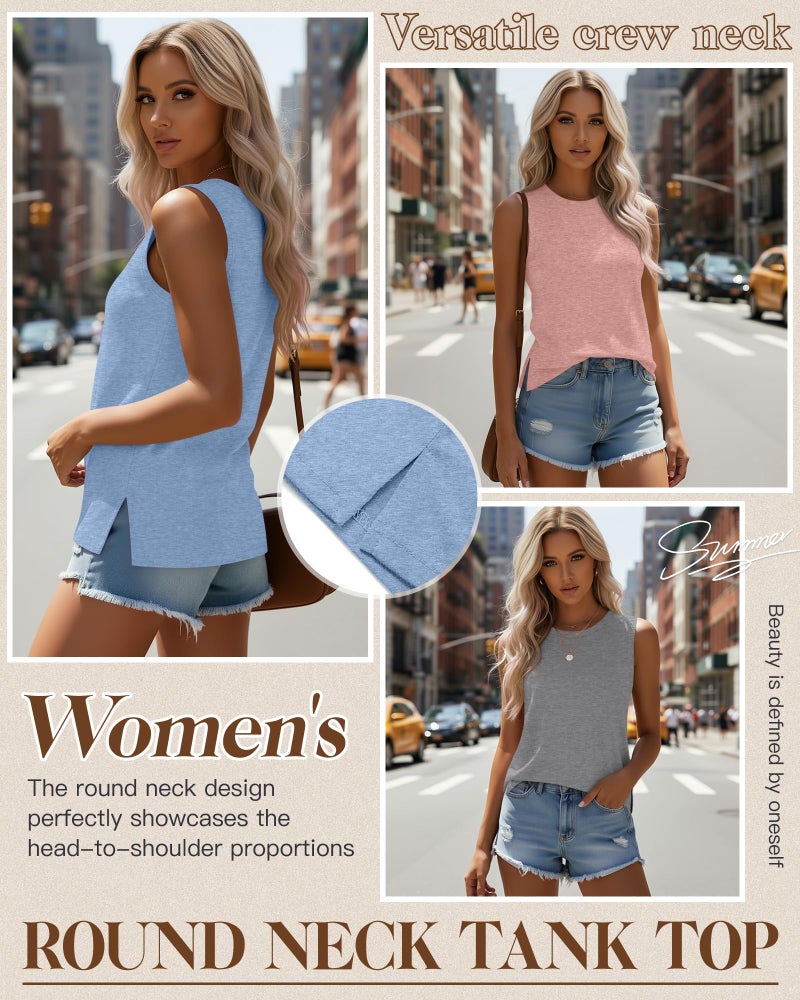 Ficerd 4 Pack Women's Sleeveless Tops, Casual Summer Loose Fit T Shirts Solid Color Tunic Tank Tops Ladies' Crew Neck(Small,Light Heather Gray, White, Coral Pink, Light Blue) - Image 2
