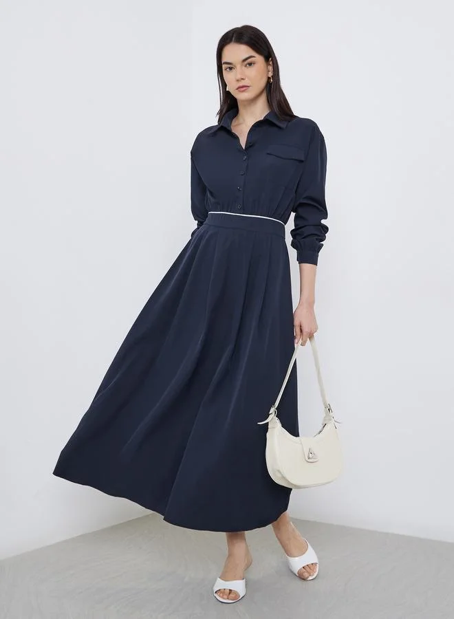 Take Two Take Two Solid Collared Shirt A-Line Midi Dress