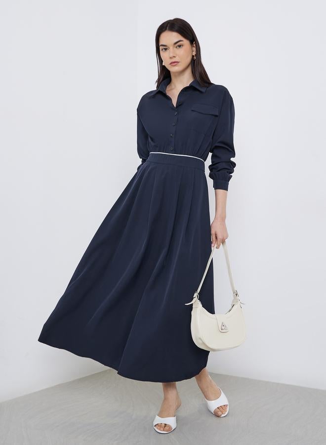 Take Two Solid Collared Shirt A-Line Midi Dress - Image 2