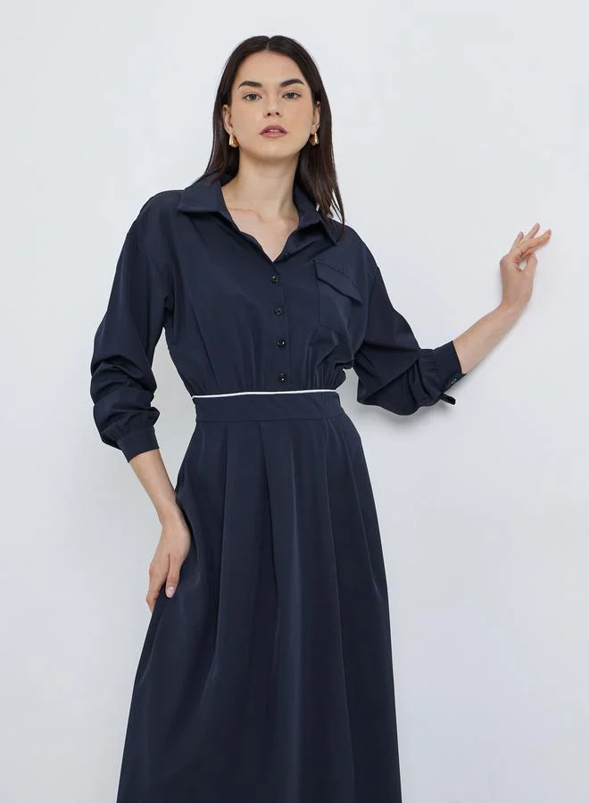 Take Two Take Two Solid Collared Shirt A-Line Midi Dress