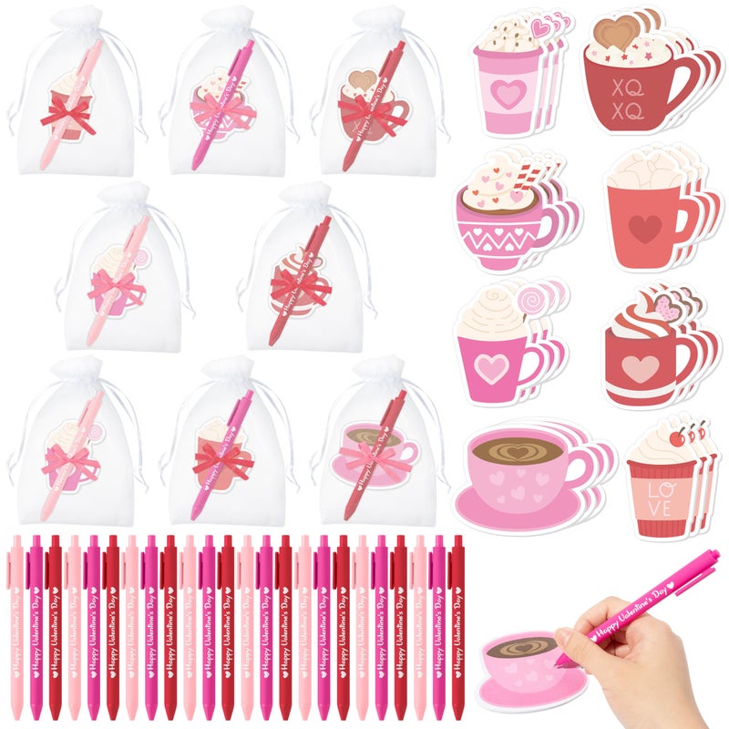 Xqumoi Valentineâ€™s Day Coffee Cup Sticky Notes with Pen Gift Set - 24 Set Heart Self Sticky Writing Memo Pads Ballpoint Pens with Mesh Bag Party Favors Wedding School Classroom Rewards Office Supplies - Image 1