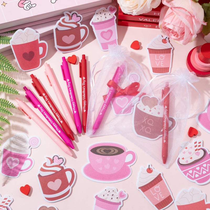 Xqumoi Valentineâ€™s Day Coffee Cup Sticky Notes with Pen Gift Set - 24 Set Heart Self Sticky Writing Memo Pads Ballpoint Pens with Mesh Bag Party Favors Wedding School Classroom Rewards Office Supplies - Image 5