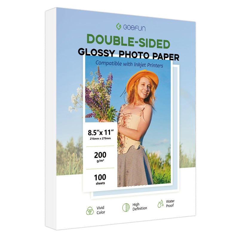 Goefun Double Sided Glossy Photo Paper 8.5x11 100 Sheets, Goefun 200GSM/54LB Inkjet Printer Paper 8.5 x 11 Glossy for Crafting, Chip Bags, Calendars, Menus, Cards and Invitations - Image 1