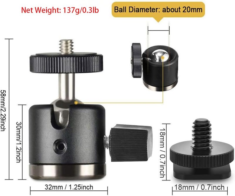 UTEBIT Mini Ball Head, Tripod Head with 1/4" hot Shoe, 360° Rotatable Ball Heads Camera Mount Adapter, Aluminium 20mm Ballhead Compatible with Tripods, Monopods, HTC Vive, SLR Cameras Loading 2.5lb - Image 4