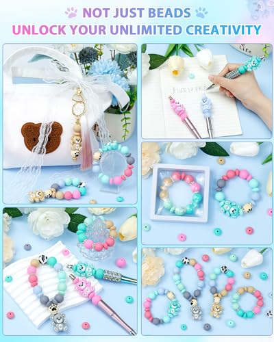 FIVEIZERO 124PCS FIVEIZERO Silicone Focal Beads for Keychain Making, Animal Bear, 15mm Round 12mm Lentil & 10mm Rhinestone Beads for Pens, Bracelets & Crafts with Elastic Cord & Scissors - Image 5