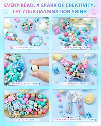 FIVEIZERO 124PCS FIVEIZERO Silicone Focal Beads for Keychain Making, Animal Bear, 15mm Round 12mm Lentil & 10mm Rhinestone Beads for Pens, Bracelets & Crafts with Elastic Cord & Scissors - Image 3