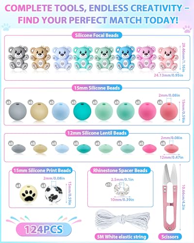 FIVEIZERO 124PCS FIVEIZERO Silicone Focal Beads for Keychain Making, Animal Bear, 15mm Round 12mm Lentil & 10mm Rhinestone Beads for Pens, Bracelets & Crafts with Elastic Cord & Scissors - Image 2