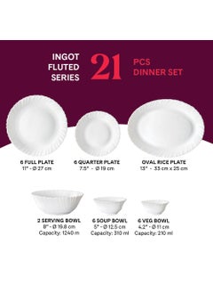 LARAH BY BOROSIL Larah by Borosil Ingot Fluted Series Opalware Dinner Set | 21 Pieces for Family of 6 | Microwave & Dishwasher Safe | Bone-Ash Free | Crockery Set for Dining & Gifting | Plates & Bowls | White  - Image 2