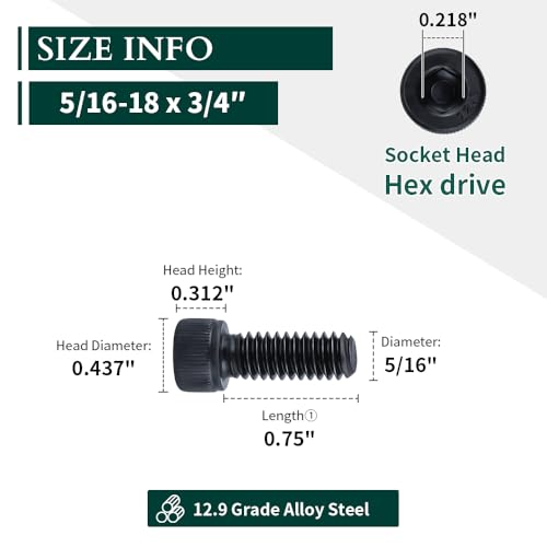 EASTLO 5/16-18 x 3/4" Socket Head Cap Screws Bolts, 12.9 Grade Alloy Steel, Black Oxide Finish, Allen Hex Drive, Full Thread, 20 PCS - Image 3