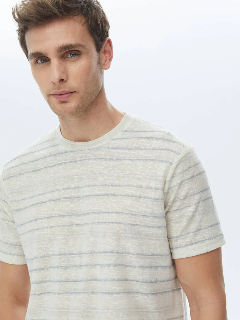 كيب Light Khaki Printed Crew Neck Cotton Blend T-Shirt