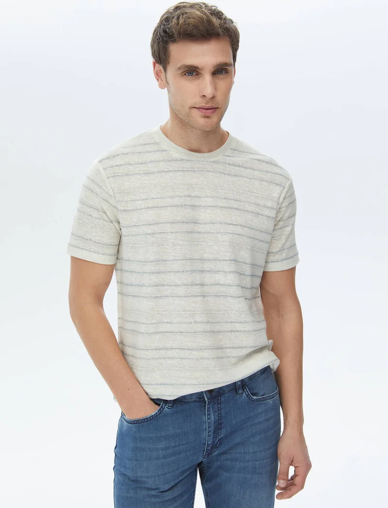 كيب Light Khaki Printed Crew Neck Cotton Blend T-Shirt
